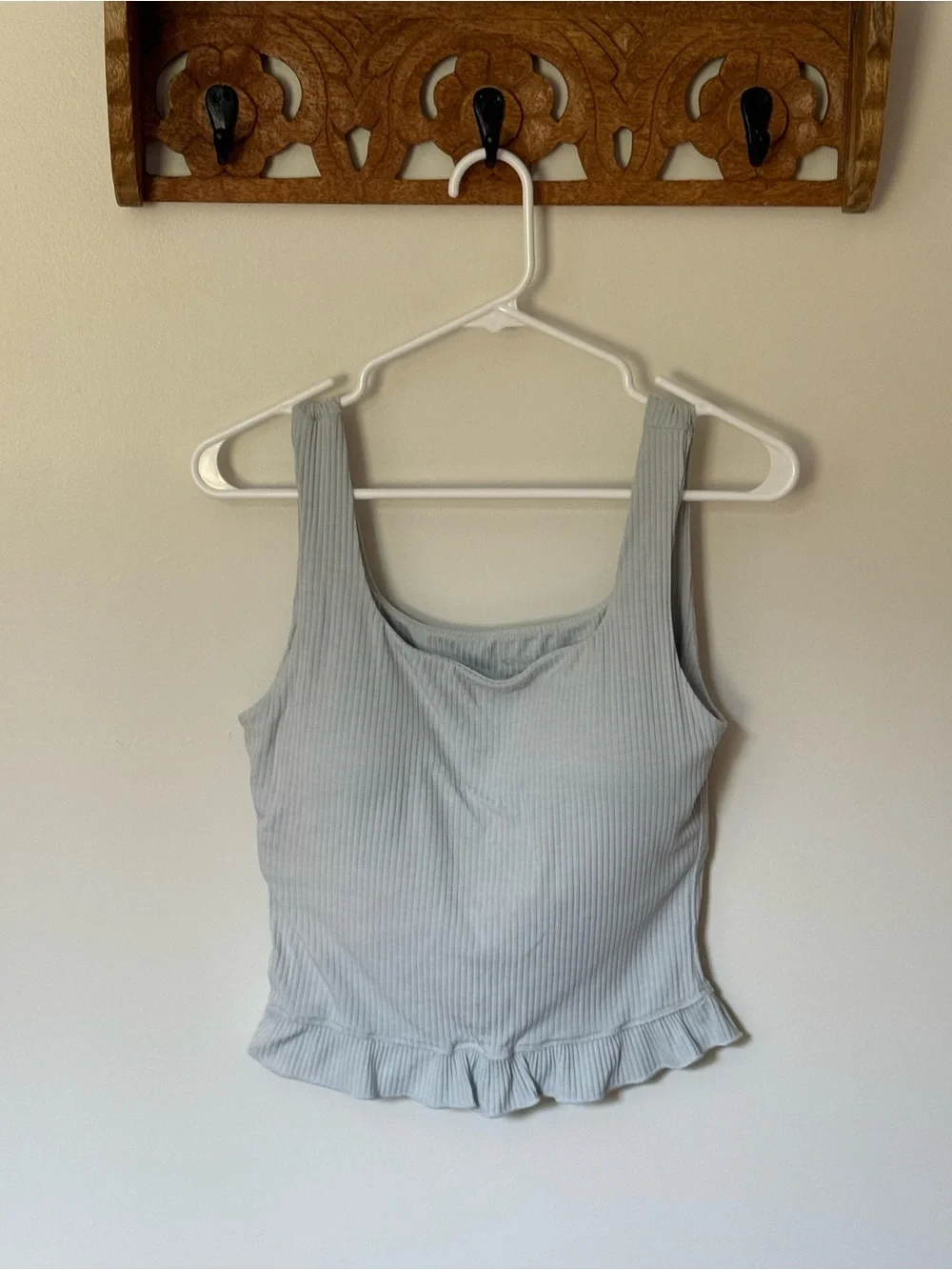 OGL Light Blue Ribbed Square-Neck Tank with Ruffle Hem - Picture 1 of 4